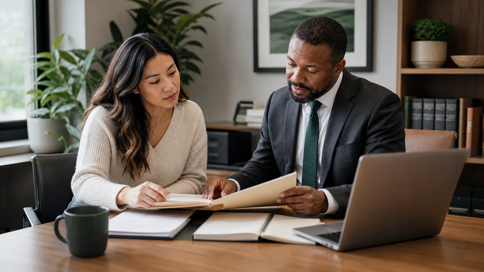 An attorney and prospective client reviewing organized documents during a consultation